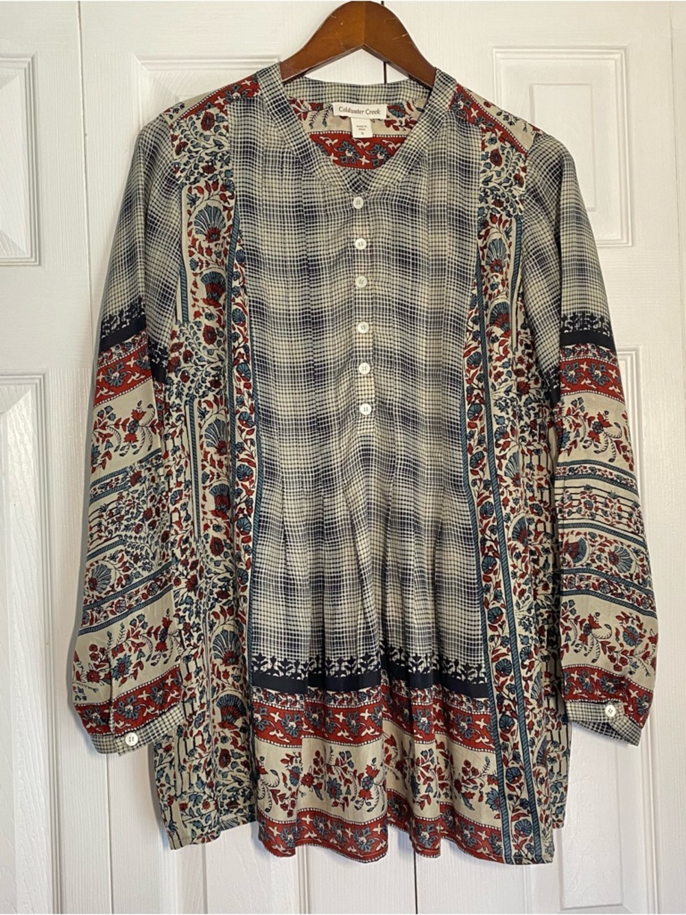 Coldwater Creek Silk Cream Navy Rust Floral Plaid Popover Button-Front Blouse S
